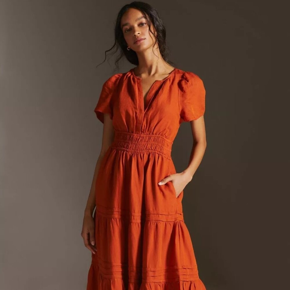 Anthropologie: The Somerset Maxi Dress: Linen Edition - Terracotta/Red- Size S